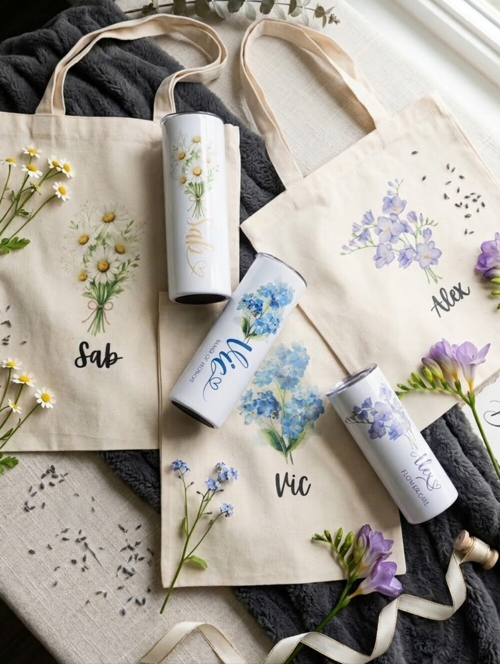 Personalized Floral Canvas Tote Bag And Tumblers